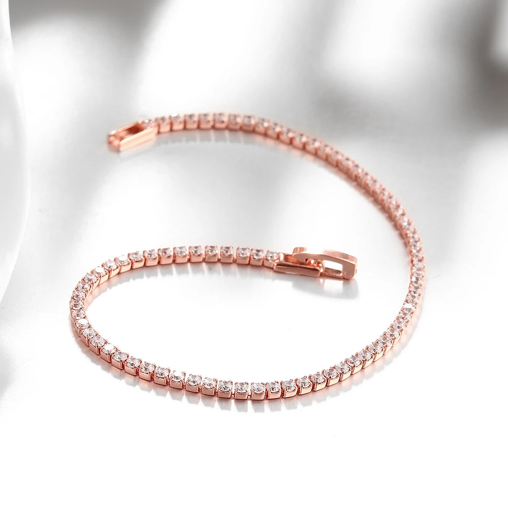 Pulseira de Prata 925 Banhada a Ouro Rosa – Zircônia 2mm, Elegante e Delicada | Presente Sofisticado