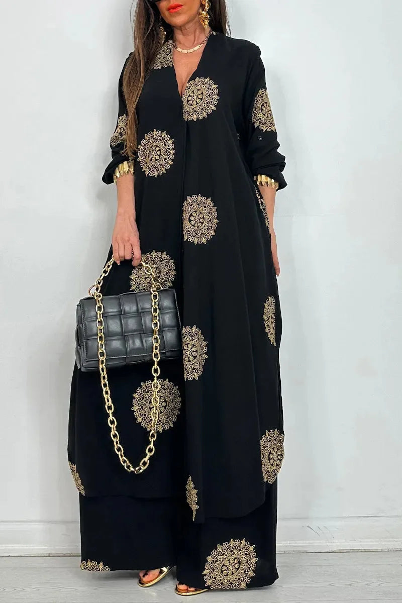 Conjunto Feminino Vintage 2 Peças – Robe Longo Estampado + Blusa com Botões e Calça de Perna Larga | Elegância Casual para Primavera e Verão