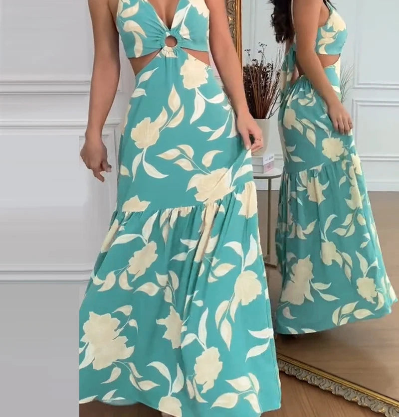 Vestido Longo Floral com Alças Finas e Cintura Vazado – Look de Verão Perfeito!