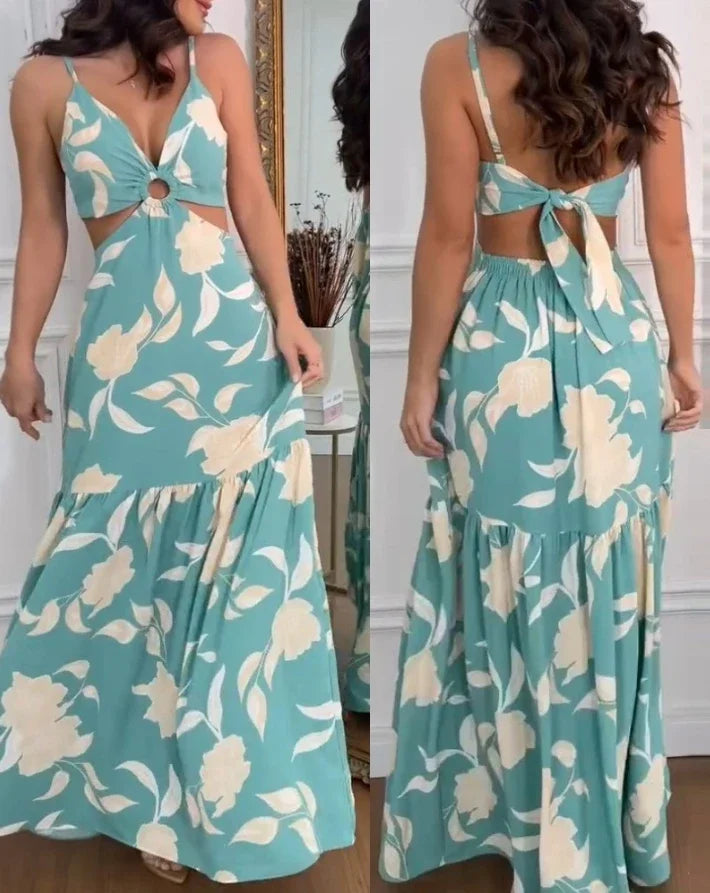 Vestido Longo Feminino com Estampa Tropical – Sexy, Sem Costas e Elegante | Moda Verão