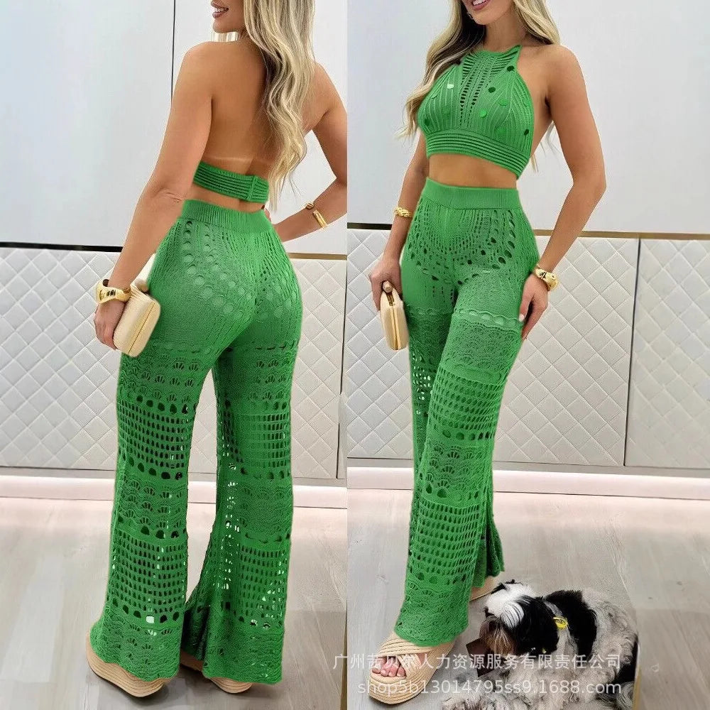 Conjunto Feminino 2 Peças – Top de Lantejoulas + Calça Larga de Malha | Moda Primavera/Verão