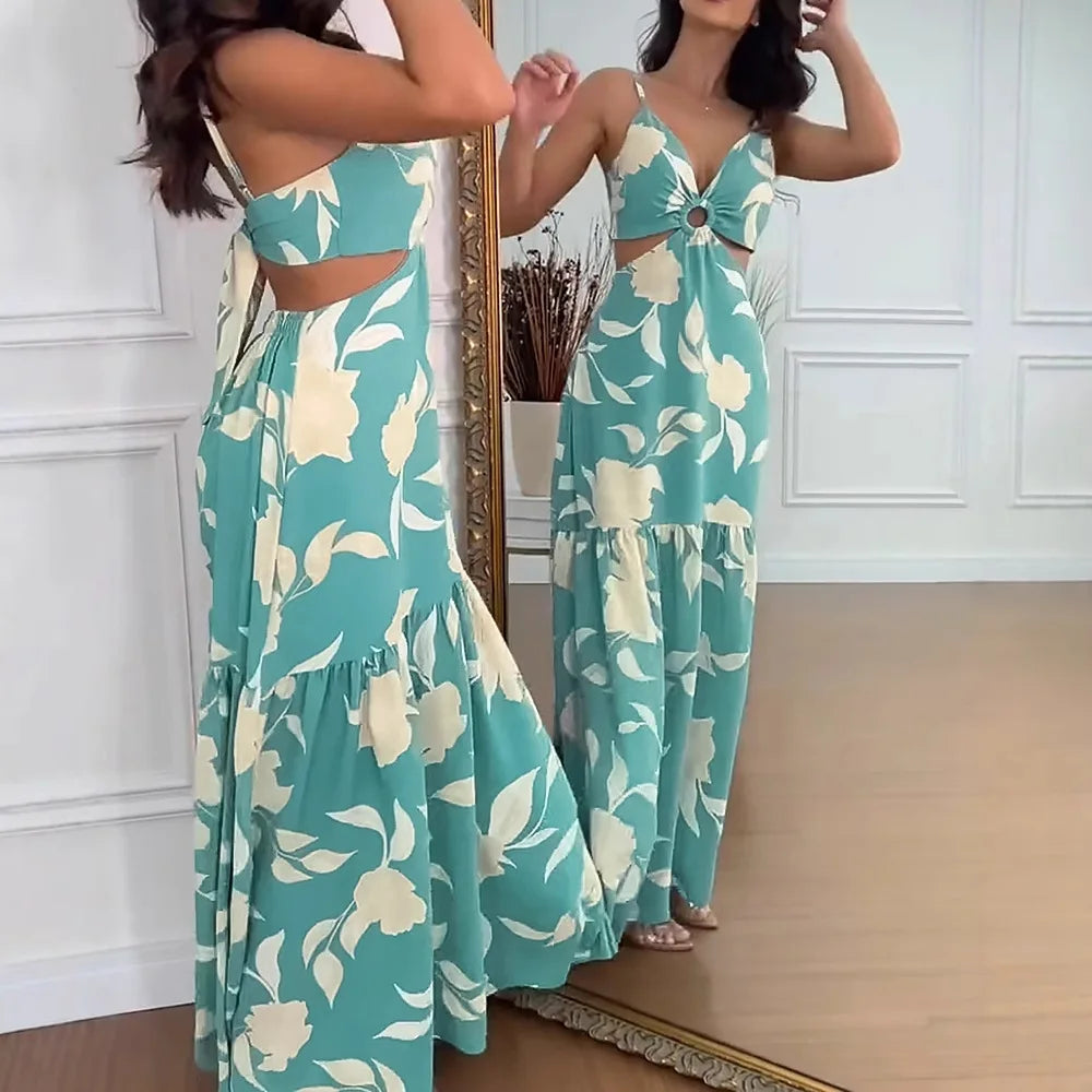 Vestido Longo Floral com Alças Finas e Cintura Vazado – Look de Verão Perfeito!