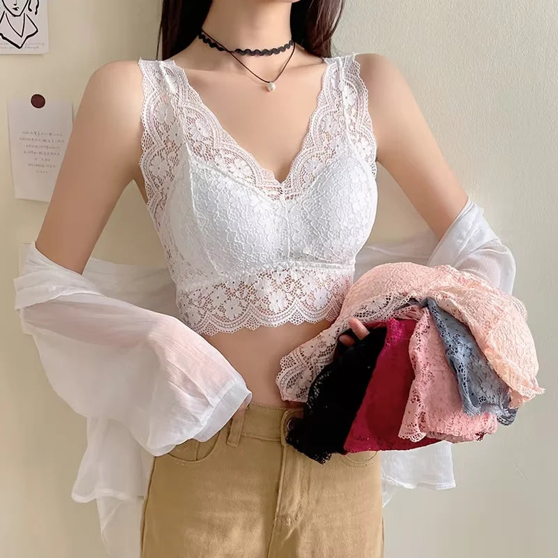 Top Sutiã de Renda Feminino com Decote V Profundo – Lingerie Sexy, Sem Aro, Bralette Acolchoado com Costas em V | Camisola Íntima e Confortável