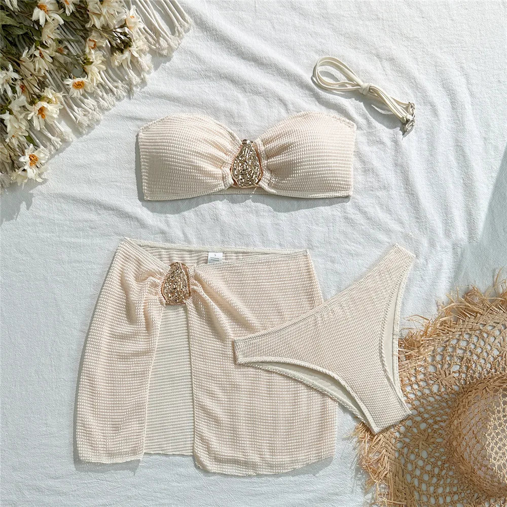 Kit Moda Praia 3 Peças – Biquíni Preto com Argola Metálica + Saída Estilo Luxo | Sexy e Elegante 2025