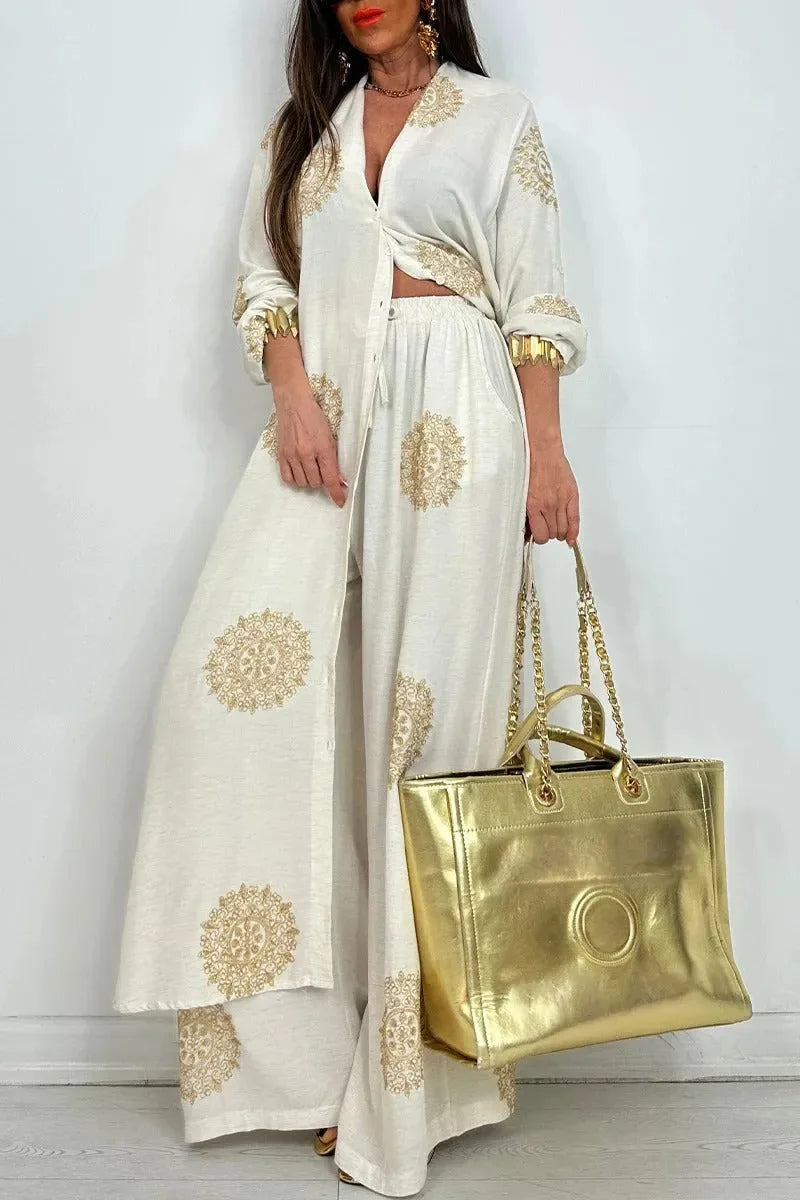 Conjunto Feminino Vintage 2 Peças – Robe Longo Estampado + Blusa com Botões e Calça de Perna Larga | Elegância Casual para Primavera e Verão