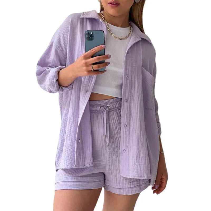 Conjunto Feminino de Duas Peças – Camisa Lapela com Shorts de Cintura Alta | Moda Casual