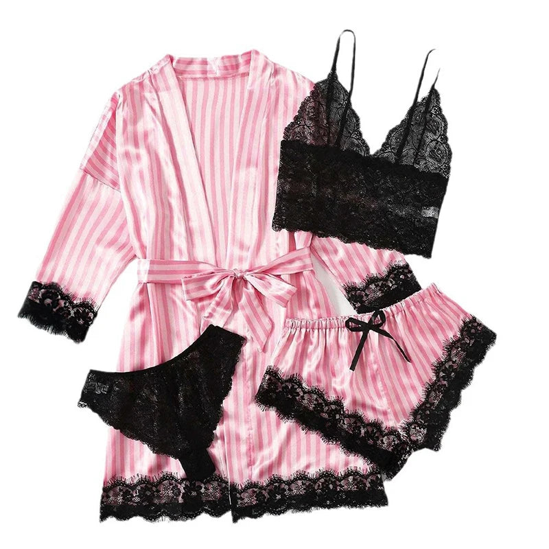 Conjunto de Pijama Feminino Sexy – Cetim de Seda Sintética Estampado com Acabamento em Renda | Toque Macio, Confortável e Elegante