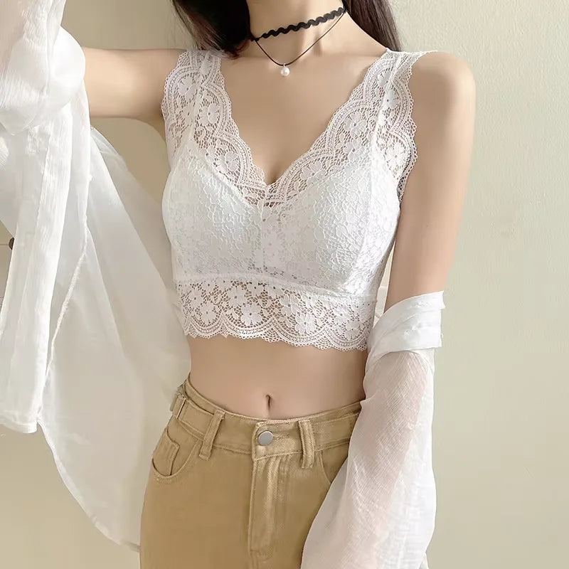 Top Sutiã de Renda Feminino com Decote V Profundo – Lingerie Sexy, Sem Aro, Bralette Acolchoado com Costas em V | Camisola Íntima e Confortável