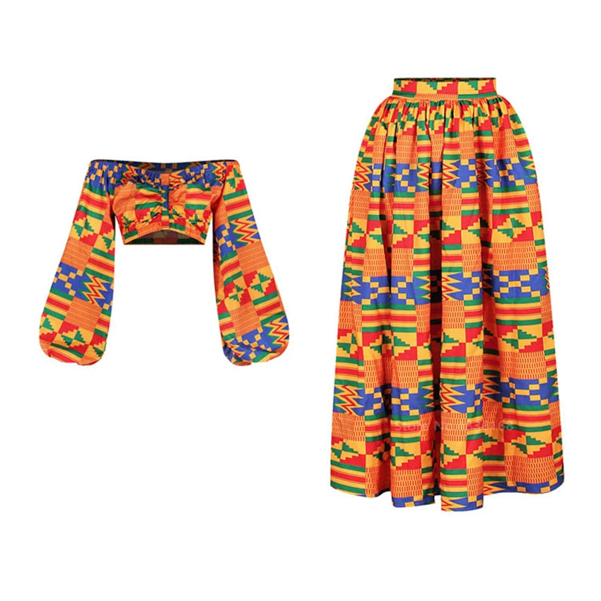 Conjunto Africano Feminino com Manga Longa e Saia Dividida