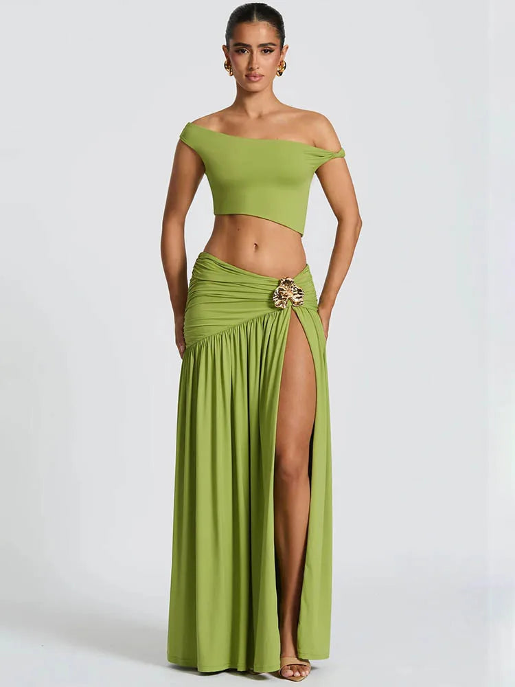 Conjunto Feminino Elegante Mozision – Top Assimétrico e Saia Plissada com Fenda | Moda Estilo Festa e Noite