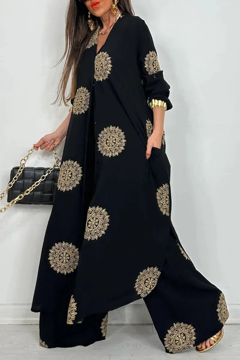 Conjunto Feminino Vintage 2 Peças – Robe Longo Estampado + Blusa com Botões e Calça de Perna Larga | Elegância Casual para Primavera e Verão