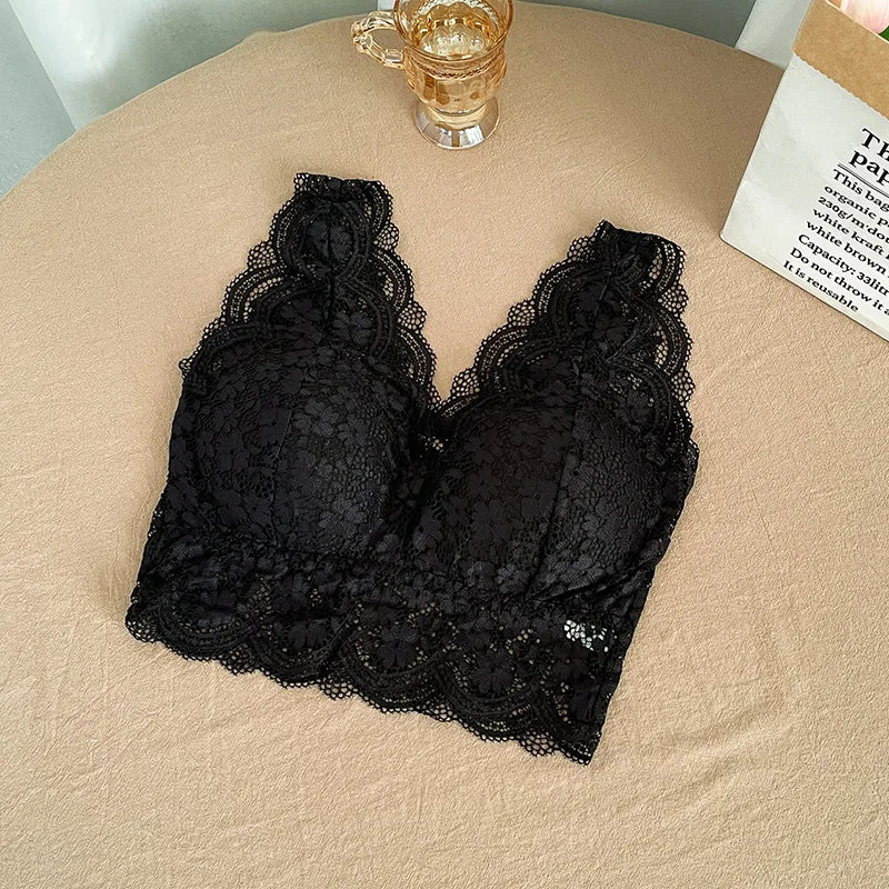 Top Sutiã de Renda Feminino com Decote V Profundo – Lingerie Sexy, Sem Aro, Bralette Acolchoado com Costas em V | Camisola Íntima e Confortável