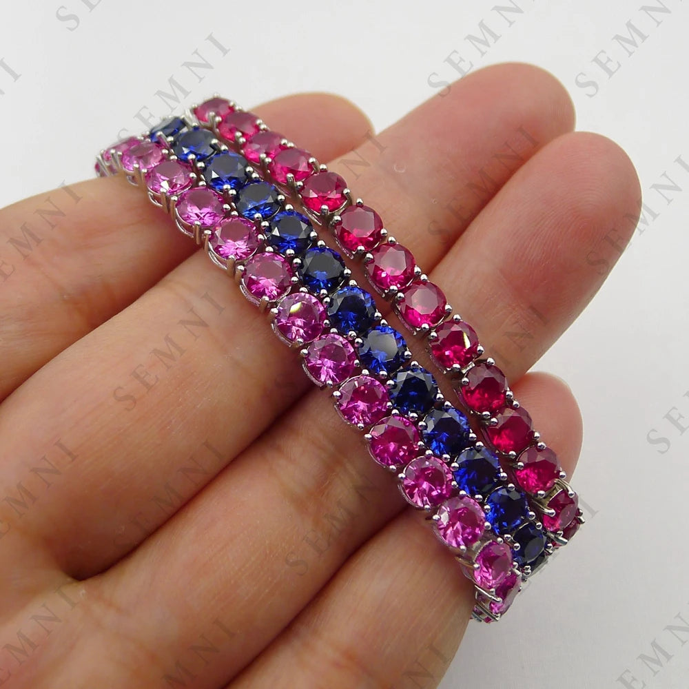 Pulseira Fina SEMNI com Safira Rosa 5mm – Prata 925 Luxo Feminino