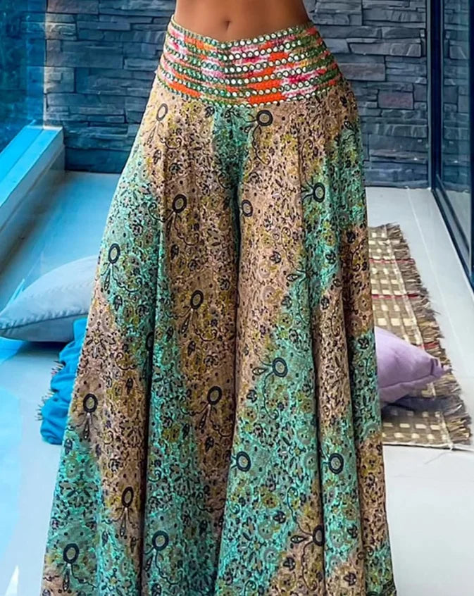 Conjunto Feminino Verão  – 2 Peças com Estampa Tribal, Regata Curta e Calça Cintura Alta