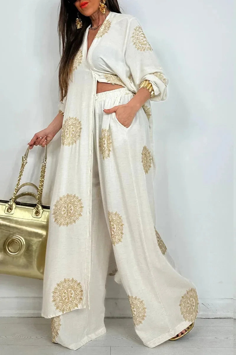 Conjunto Feminino Vintage 2 Peças – Robe Longo Estampado + Blusa com Botões e Calça de Perna Larga | Elegância Casual para Primavera e Verão