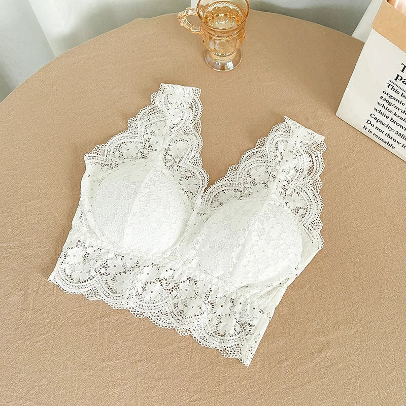 Top Sutiã de Renda Feminino com Decote V Profundo – Lingerie Sexy, Sem Aro, Bralette Acolchoado com Costas em V | Camisola Íntima e Confortável