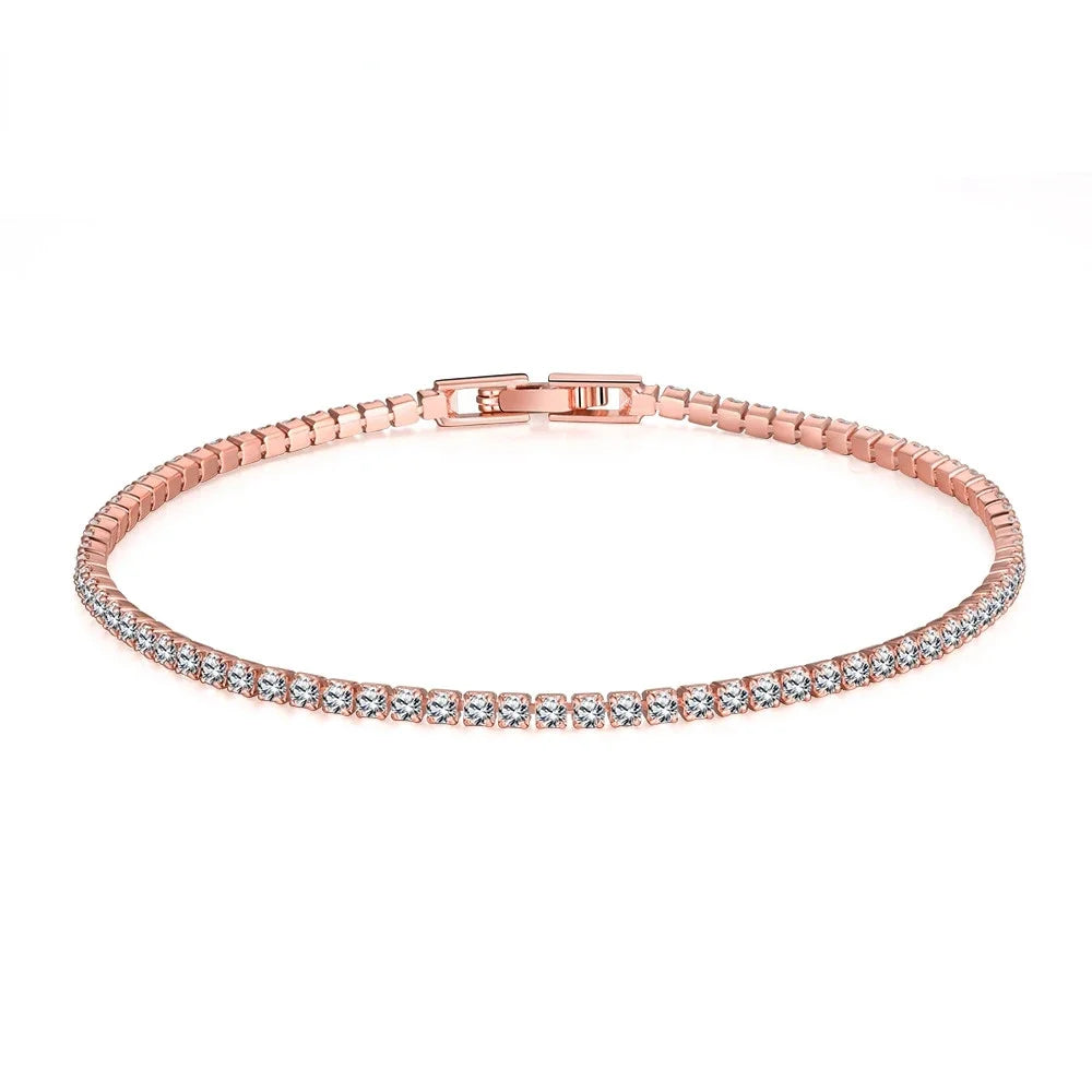 Pulseira de Prata 925 Banhada a Ouro Rosa – Zircônia 2mm, Elegante e Delicada | Presente Sofisticado