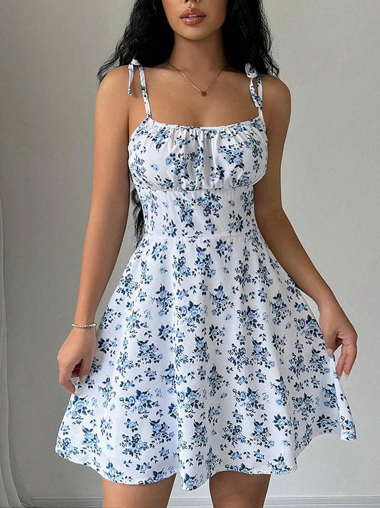 Vestido Curto de Praia Feminino – Alças Finas, Estampa Floral e Estilo Verão