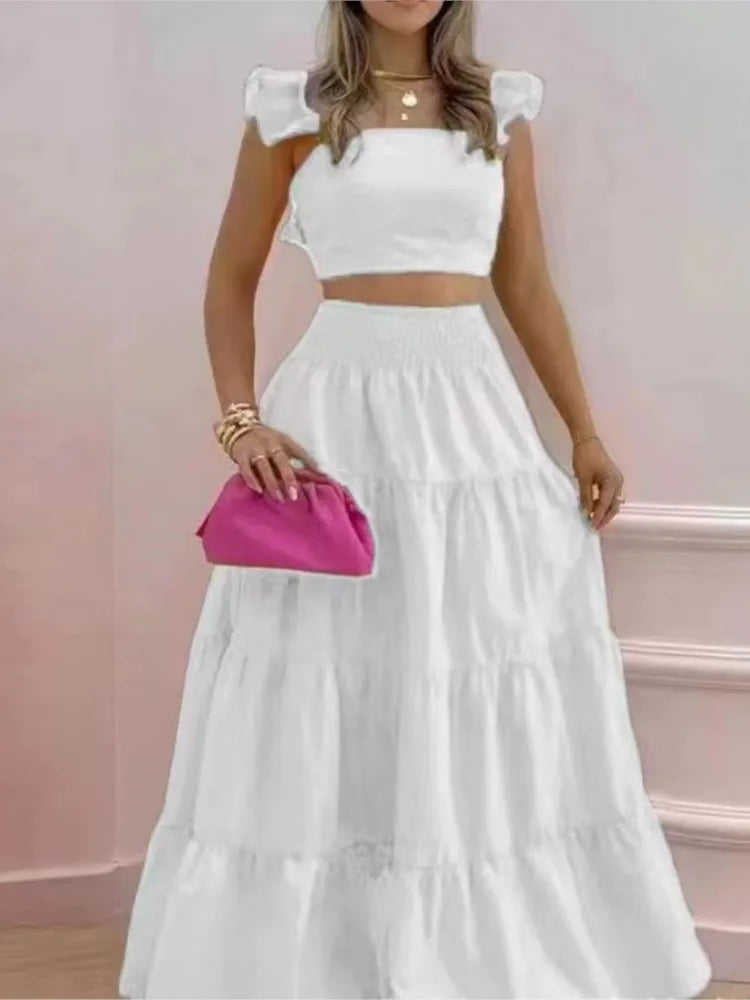 Conjunto 2 Peças Feminino – Vestido Longo Sexy + Top Maxi | Casual & Elegante para Férias