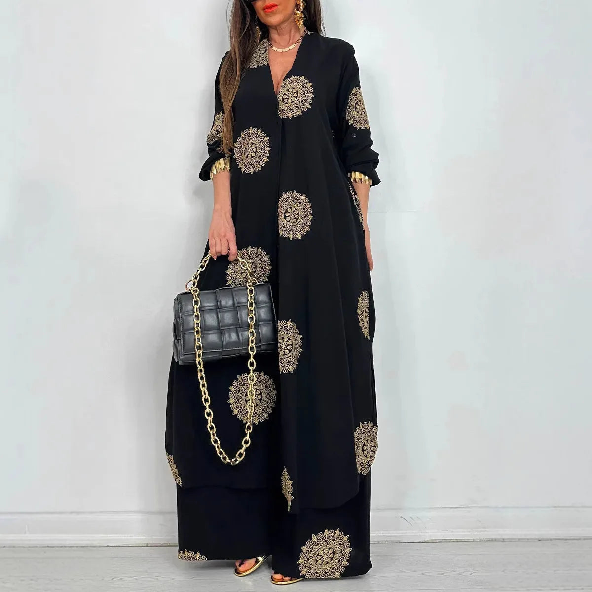 Conjunto Feminino Vintage 2 Peças – Robe Longo Estampado + Blusa com Botões e Calça de Perna Larga | Elegância Casual para Primavera e Verão