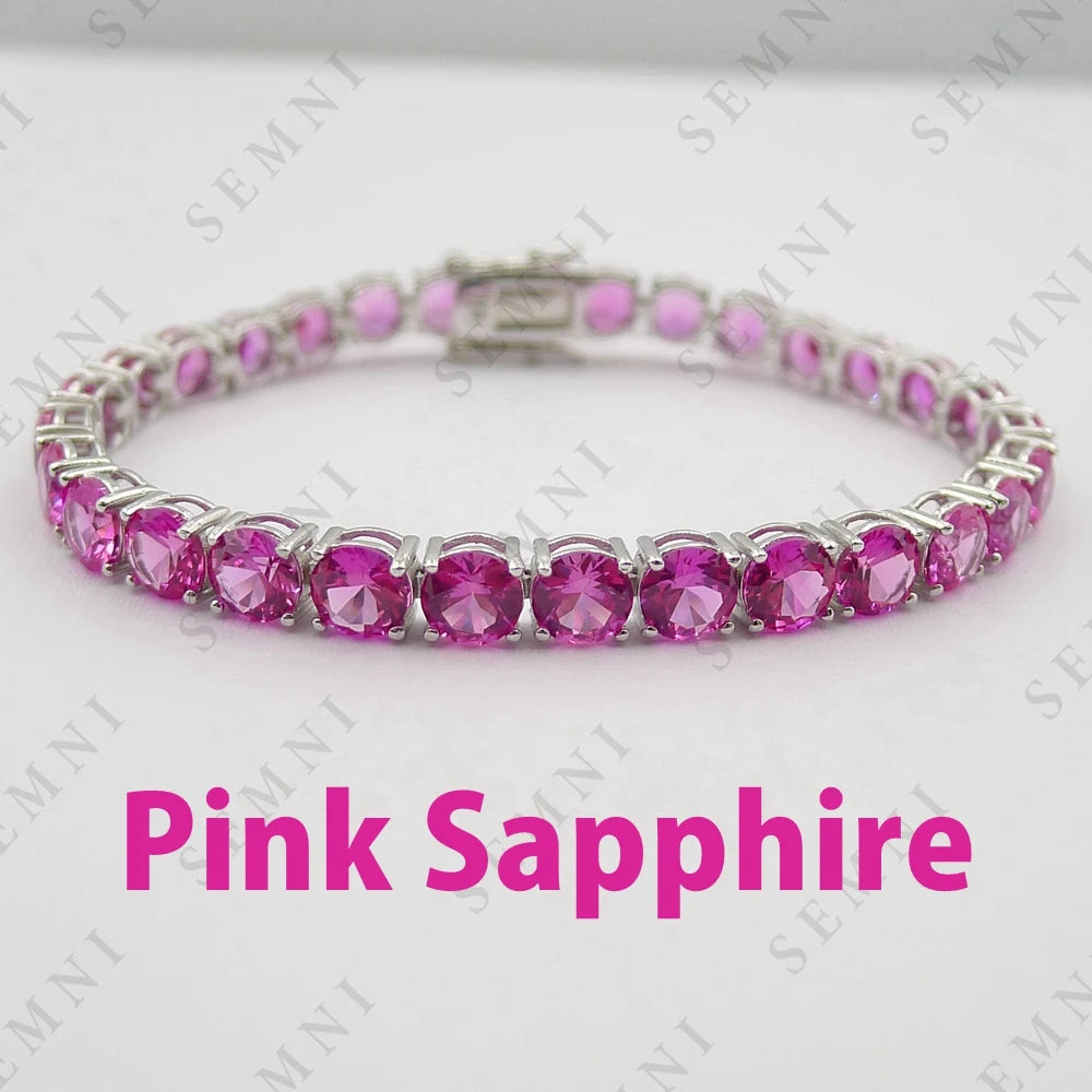 Pulseira Fina SEMNI com Safira Rosa 5mm – Prata 925 Luxo Feminino
