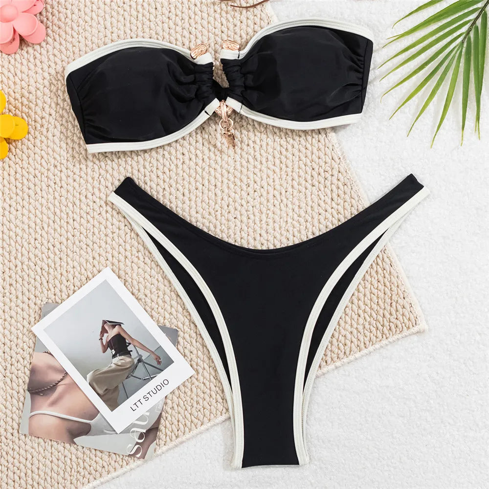 Conjunto de Biquíni Tomara que Caia Marrom 2025 – Corte Alto com Fivela Metálica | Biquíni Sexy de Cor Contrastante, Moda Praia Feminina