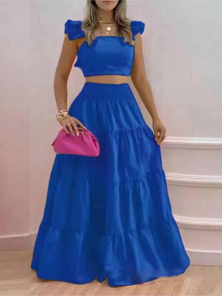 Conjunto 2 Peças Feminino – Vestido Longo Sexy + Top Maxi | Casual & Elegante para Férias