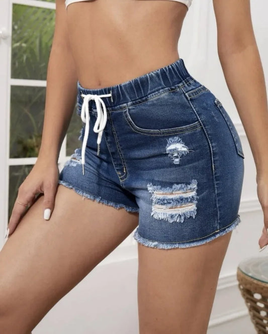 Short Jeans Feminino Ripped – Cintura Alta com Elástico, Skinny, Sexy, Rasgado com Borlas