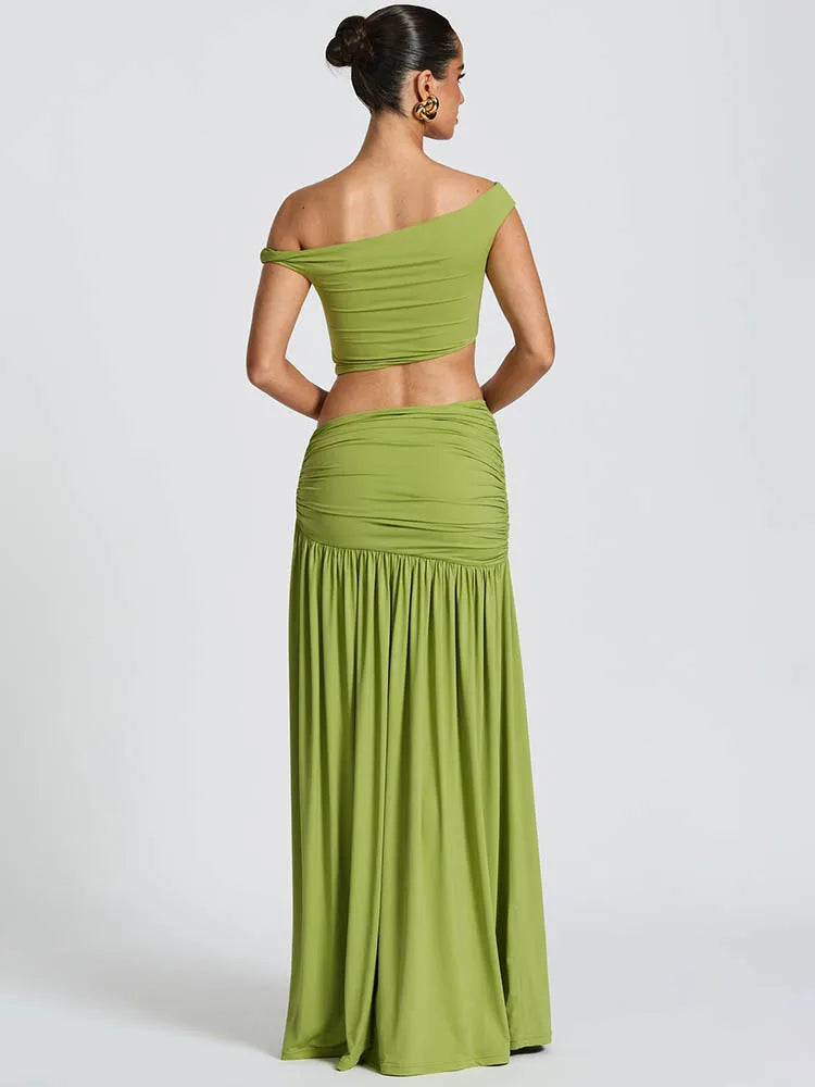 Conjunto Feminino Elegante Mozision – Top Assimétrico e Saia Plissada com Fenda | Moda Estilo Festa e Noite