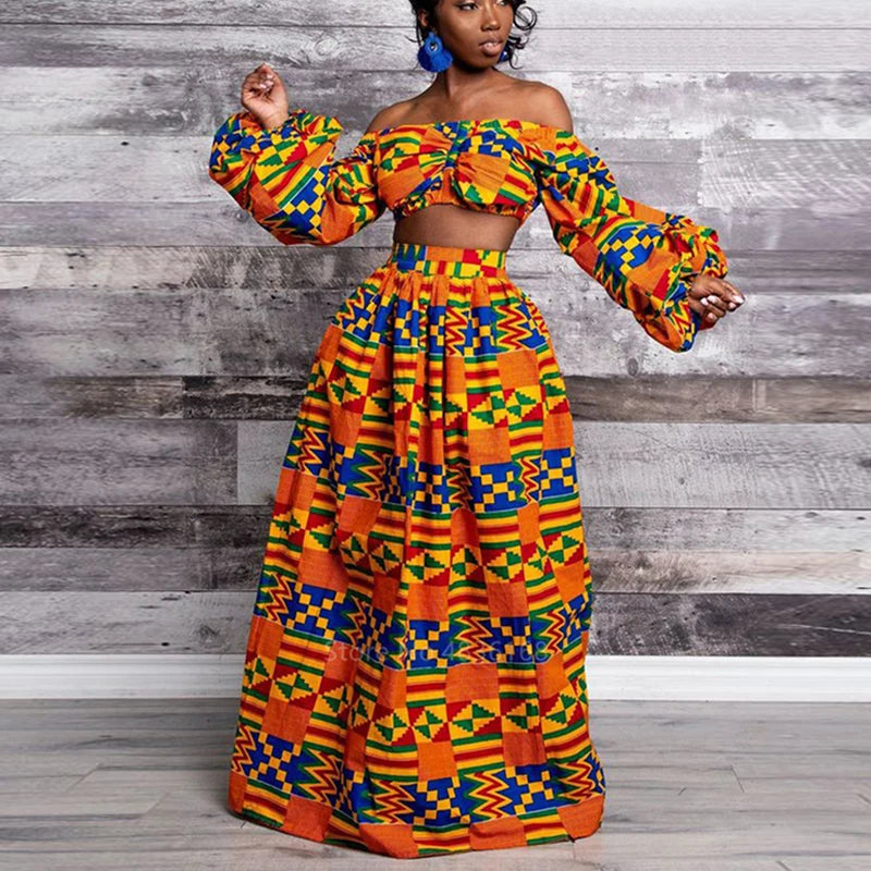 Conjunto Africano Feminino com Manga Longa e Saia Dividida