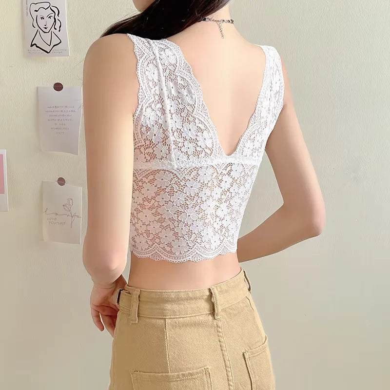 Top Sutiã de Renda Feminino com Decote V Profundo – Lingerie Sexy, Sem Aro, Bralette Acolchoado com Costas em V | Camisola Íntima e Confortável