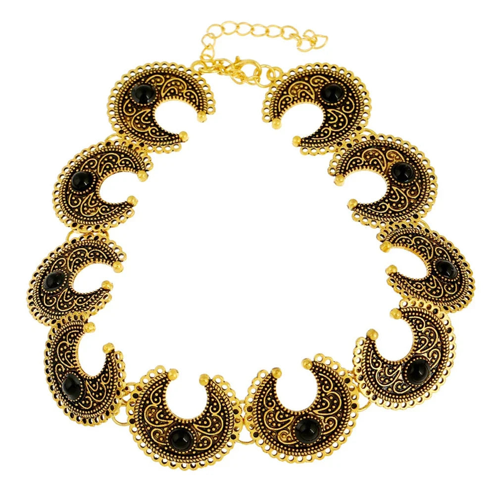 Gargantilha Vintage com Padrão de Sol – Colar Boho Étnico em Liga Metálica com Gola Redonda Esculpida
