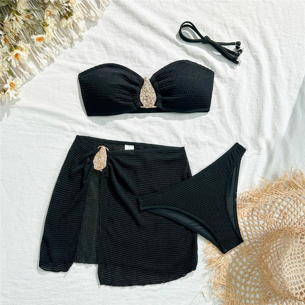 Kit Moda Praia 3 Peças – Biquíni Preto com Argola Metálica + Saída Estilo Luxo | Sexy e Elegante 2025