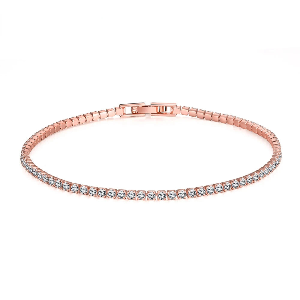 Pulseira de Prata 925 Banhada a Ouro Rosa – Zircônia 2mm, Elegante e Delicada | Presente Sofisticado
