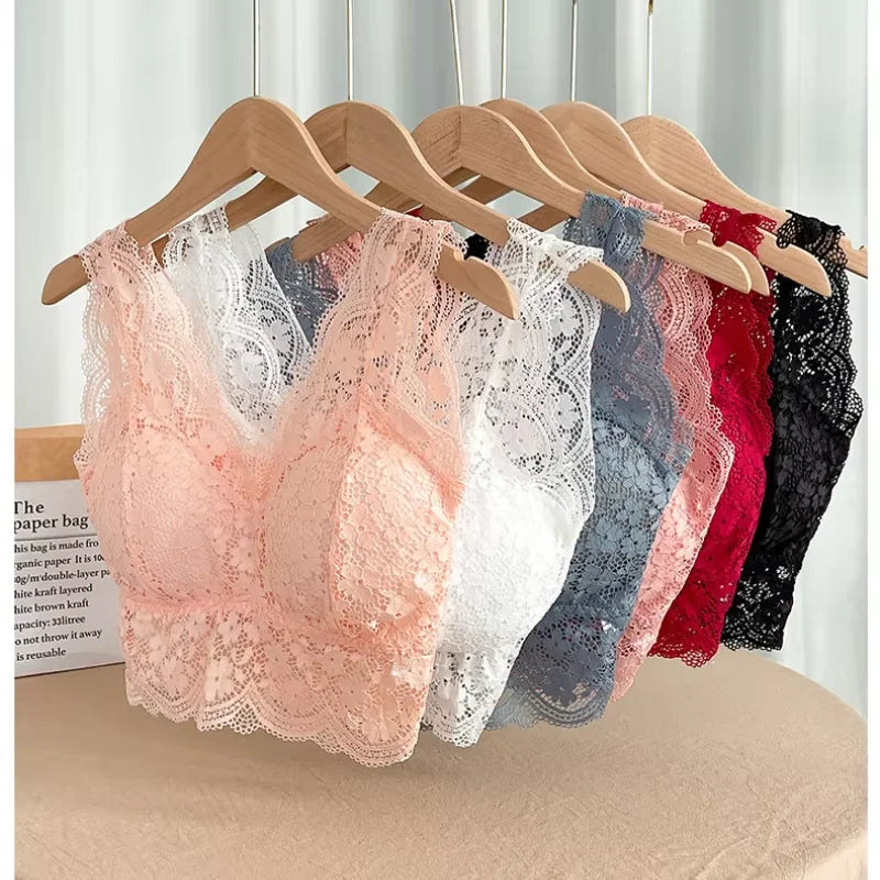 Top Sutiã de Renda Feminino com Decote V Profundo – Lingerie Sexy, Sem Aro, Bralette Acolchoado com Costas em V | Camisola Íntima e Confortável