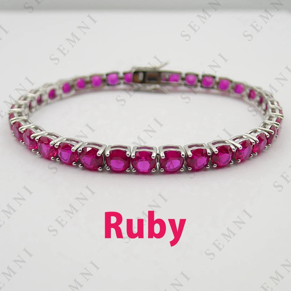 Pulseira Fina SEMNI com Safira Rosa 5mm – Prata 925 Luxo Feminino