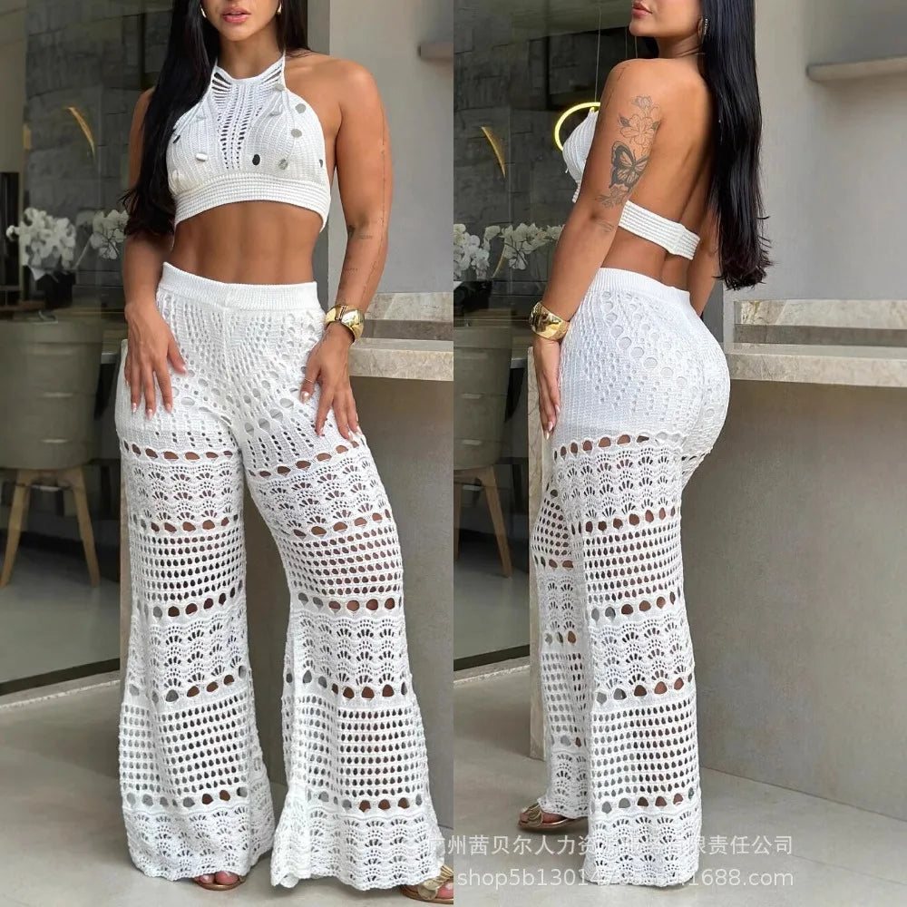 Conjunto Feminino 2 Peças – Top de Lantejoulas + Calça Larga de Malha | Moda Primavera/Verão