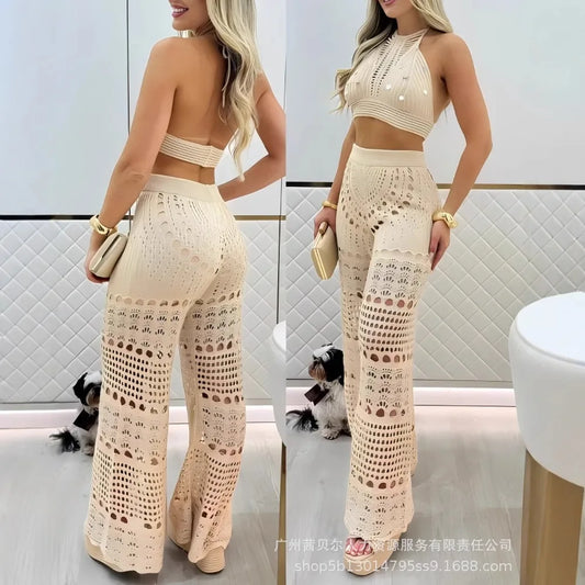 Conjunto Feminino 2 Peças – Top de Lantejoulas + Calça Larga de Malha | Moda Primavera/Verão