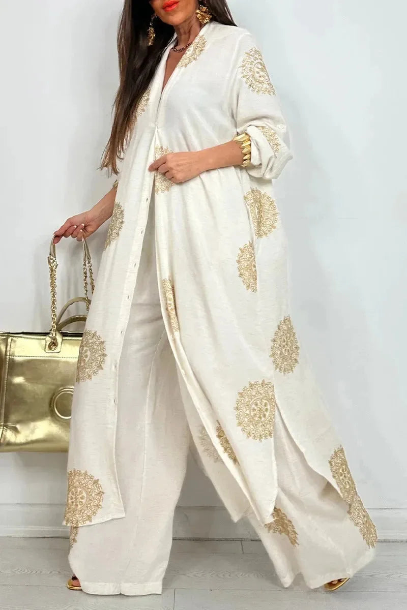 Conjunto Feminino Vintage 2 Peças – Robe Longo Estampado + Blusa com Botões e Calça de Perna Larga | Elegância Casual para Primavera e Verão