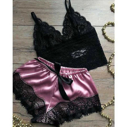 Conjunto de Lingerie Feminina 2 Peças – Top e Short em Renda Floral, Babydoll Sexy, Pijama Leve e Confortável para Dormir