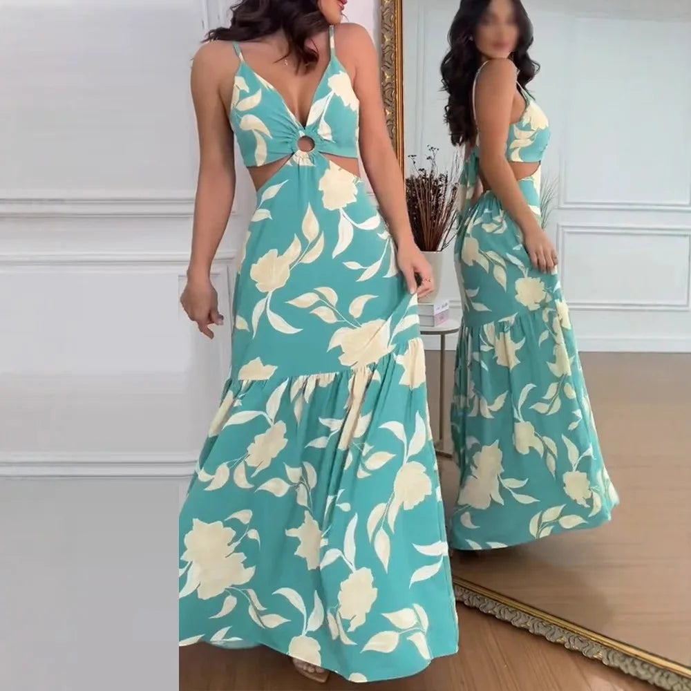 Vestido Longo Floral com Alças Finas e Cintura Vazado – Look de Verão Perfeito!