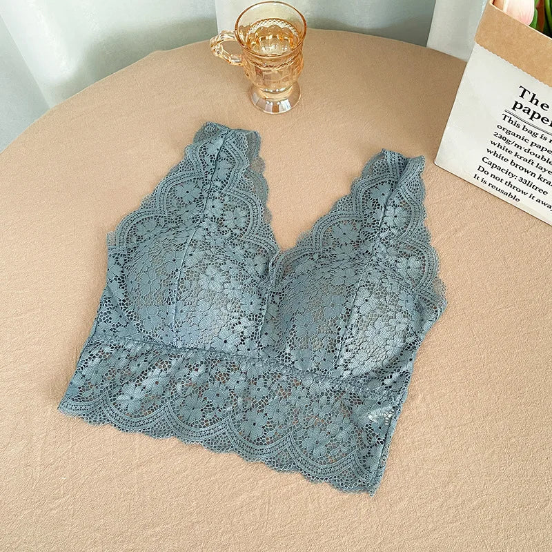 Top Sutiã de Renda Feminino com Decote V Profundo – Lingerie Sexy, Sem Aro, Bralette Acolchoado com Costas em V | Camisola Íntima e Confortável