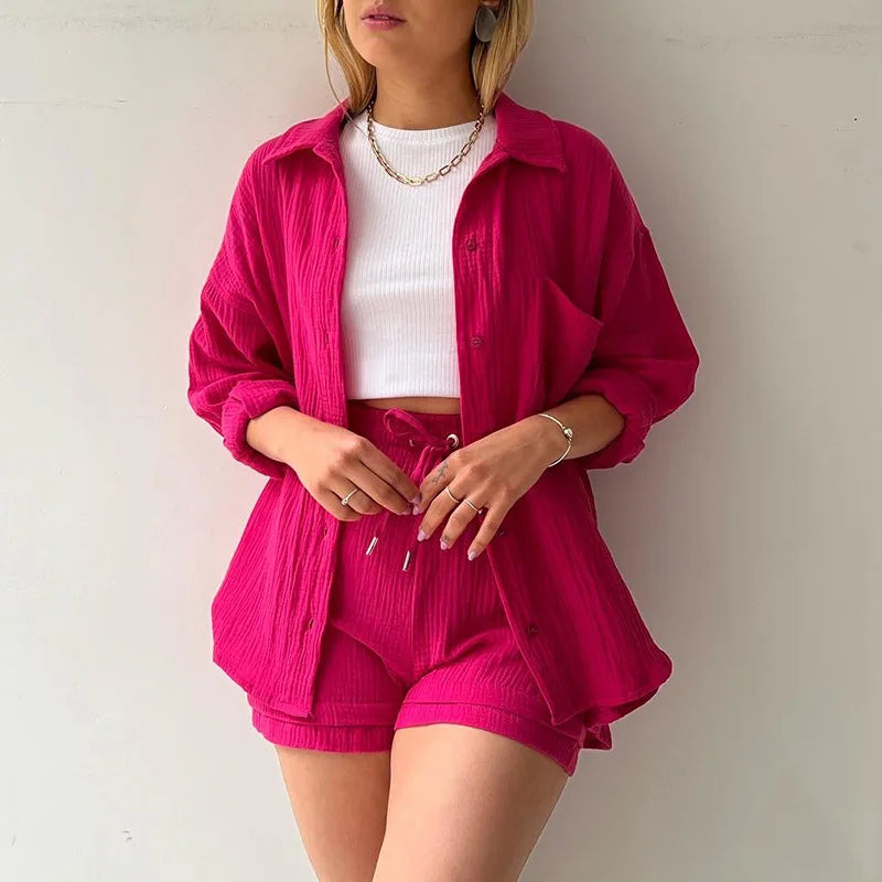 Conjunto Feminino de Duas Peças – Camisa Lapela com Shorts de Cintura Alta | Moda Casual