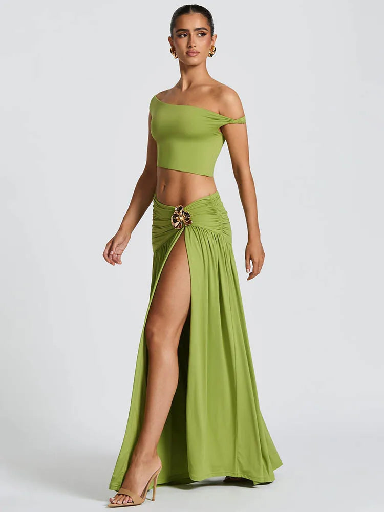 Conjunto Feminino Elegante Mozision – Top Assimétrico e Saia Plissada com Fenda | Moda Estilo Festa e Noite