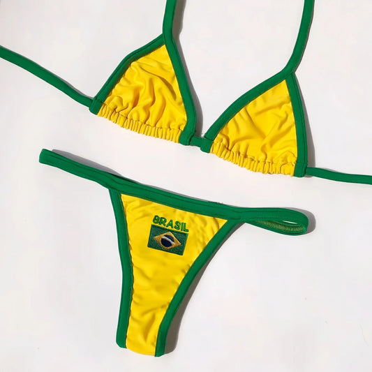 Biquíni Brasil Sexy – Conjunto Bordado com Bandeira + Recortes Contrastantes