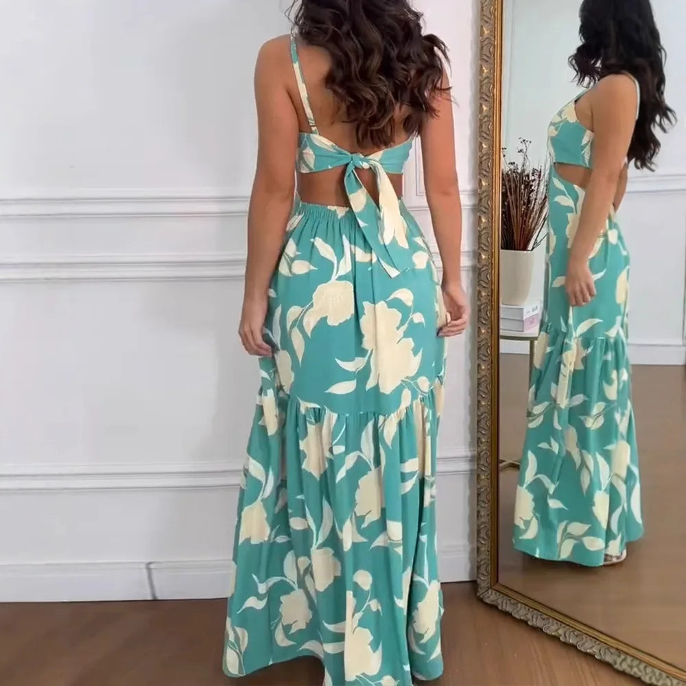 Vestido Longo Floral com Alças Finas e Cintura Vazado – Look de Verão Perfeito!